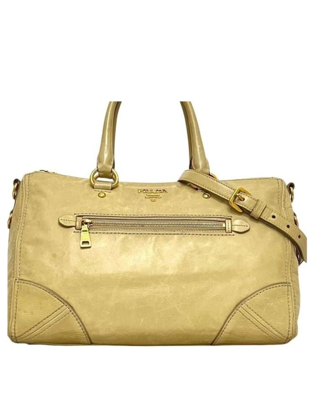 Prada 2-Way Tote Bag 173 Leather Vitello Shine Yellow Beige